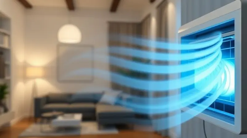 Ilustração conceitual do fluxo de ar suave de um ar-condicionado inverter, mantendo a temperatura do ambiente estável e confortável.