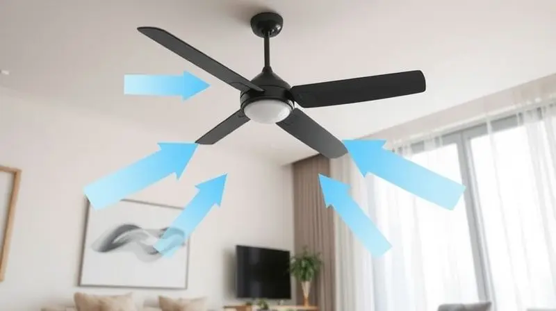 Imagem conceitual de um ventilador de teto com setas azuis ilustrando a vazão e circulação de ar eficiente em um cômodo.