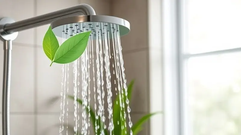 Chuveiro moderno com fluxo de água e um ícone de folha verde simbolizando a economia de água e sustentabilidade.