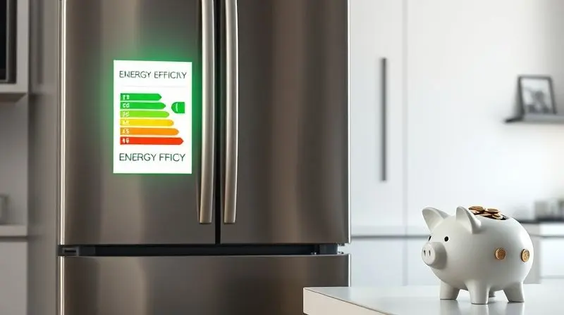 Conceptual photorealistic image of a modern stainless steel refrigerator with a glowing green energy efficiency label on the 