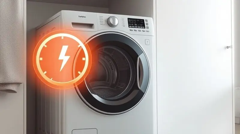 Conceptual photorealistic image of a sleek, modern clothes dryer in a minimalist laundry room, with a glowing digital electri