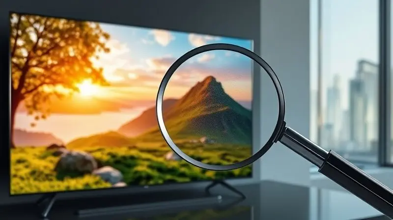 Conceptual photorealistic image showing a beautiful, ultra-detailed nature photograph on a TV screen, a sleek magnifying glas