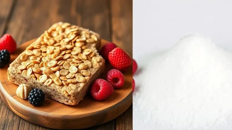 Comparativo visual: de um lado uma barra de cereal saudável com frutas, do outro uma barra processada com açúcar refinado.
