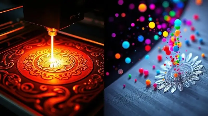 Imagem dividida mostrando a diferença técnica entre a impressão a laser, com um feixe de luz, e a jato de tinta, com gotas de tinta.