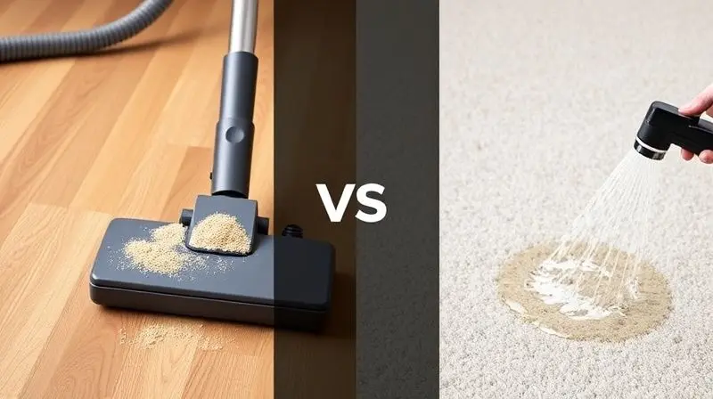 Comparativo visual mostrando um aspirador de pó de um lado e uma extratora limpando um carpete com água do outro.