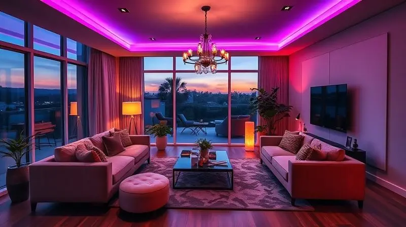 Ambiente de uma sala de estar moderna e aconchegante ao anoitecer, com a iluminação perfeita controlada por lâmpadas inteligentes.