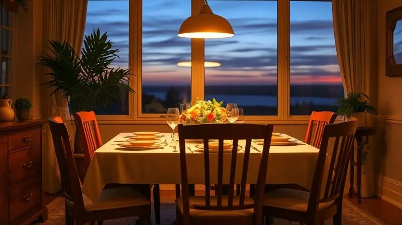 Cena de uma sala de jantar aconchegante ao anoitecer, com a mesa posta e cadeiras vazias, simbolizando a escolha bem-sucedida do mobiliário.