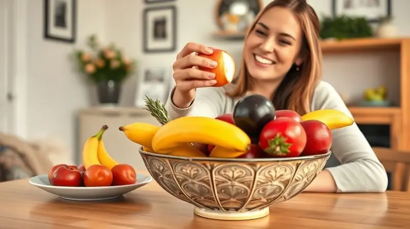 Uma pessoa sorrindo ao pegar uma maçã de uma fruteira cheia, simbolizando a satisfação e a vida saudável proporcionadas pela escolha certa.