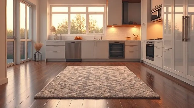 Visão geral de uma cozinha arrumada e aconchegante ao entardecer, com um tapete elegante que completa a decoração do ambiente.