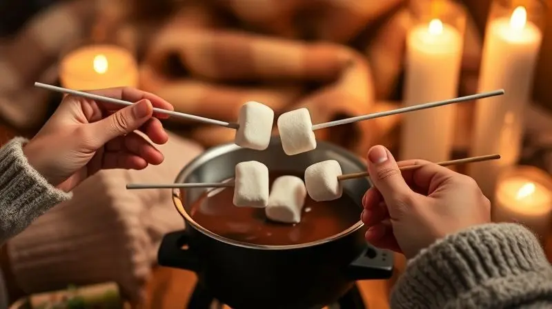Duas pessoas compartilhando um fondue de chocolate à luz de velas, em um clima aconchegante e romântico.