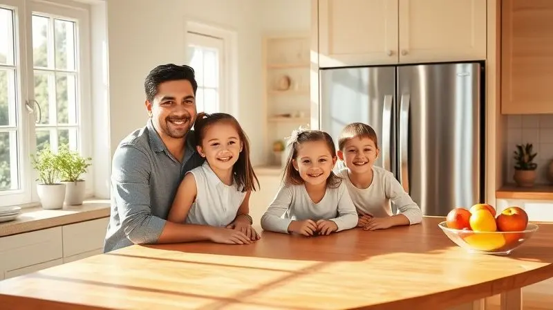 Família feliz na cozinha, com a nova geladeira French Door integrada ao ambiente, simbolizando a compra ideal para o lar.