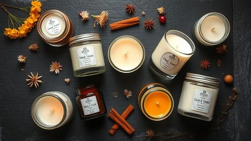 Composição final com várias velas aromáticas em potes elegantes, arranjadas sobre uma superfície escura com flores secas, simbolizando a escolha perfeita.