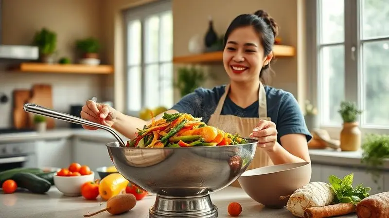 Chef caseiro sorrindo ao servir uma refeição colorida de uma panela nova, representando a escolha do jogo de panelas ideal.