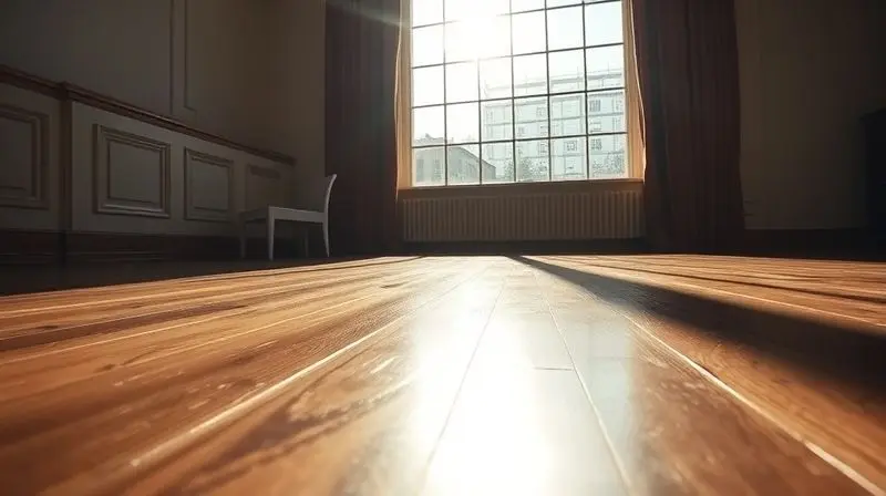 Piso de madeira recém-limpo e brilhante, refletindo a luz da janela, simbolizando a limpeza profunda e o resultado final do uso de um esfregão elétrico.