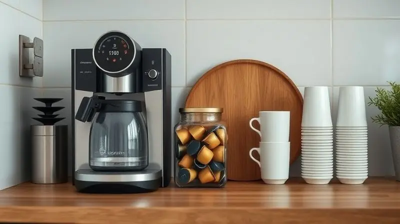 Estação de café caseira organizada com cafeteira e acessórios, simbolizando a conclusão sobre a melhor escolha de cafeteira para o lar.