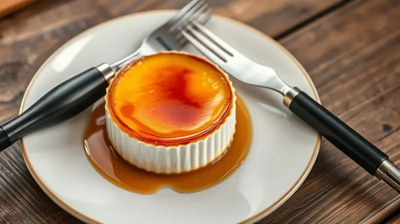 Sobremesa finalizada, um crème brûlée com crosta caramelizada perfeita, ao lado de um maçarico culinário, representando o resultado final.