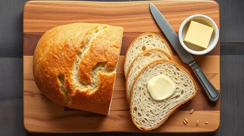 Foto de um pão caseiro fatiado em uma tábua, com uma faca passando manteiga em uma fatia, como imagem de conclusão do artigo.