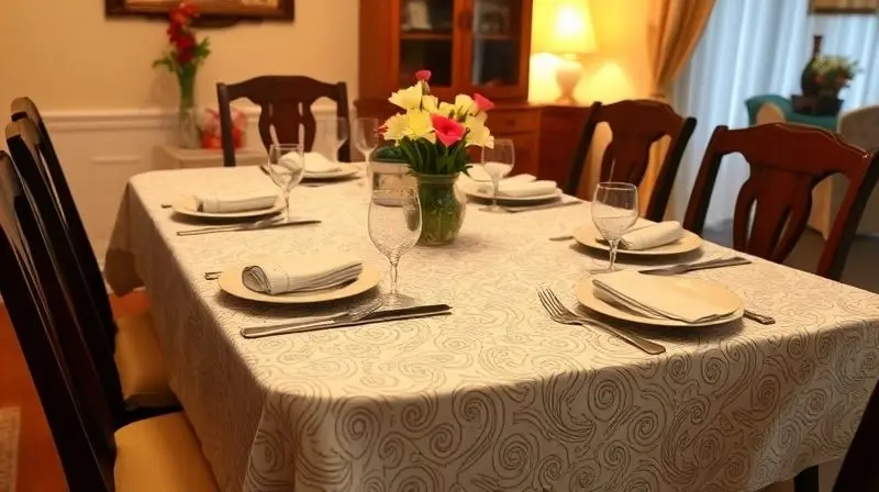 Uma mesa de jantar finalizada e posta, com uma toalha de mesa estampada, pratos e talheres, pronta para uma refeição em família.
