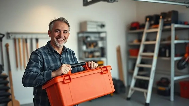 Homem satisfeito em sua garagem organizada, com a escada articulada dobrada ao fundo, simbolizando a conclusão de um projeto com sucesso.
