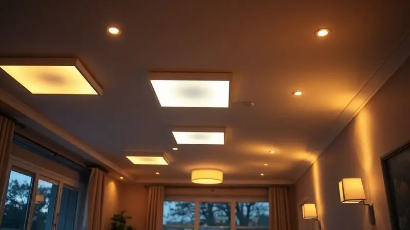 Visão geral do interior de uma casa bem decorada ao anoitecer, com várias luzes de plafon acesas no teto, criando uma atmosfera acolhedora.