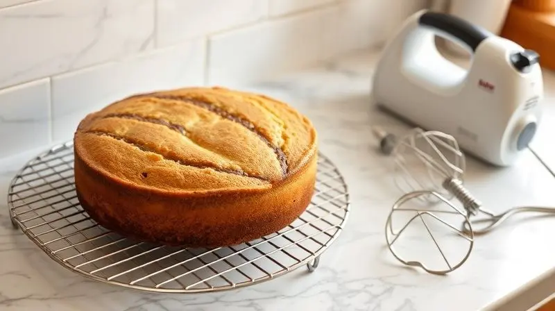 Um bolo recém-assado sobre uma grade de resfriamento, ao lado de uma batedeira portátil limpa em uma bancada de cozinha, em cena satisfatória.