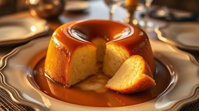 Um pudim inteiro e brilhante servido em um prato elegante, com uma fatia já cortada, mostrando a textura cremosa do doce.
