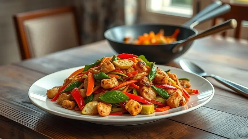 Prato de comida oriental colorida servido à mesa, com a panela wok desfocada ao fundo, simbolizando a conclusão do preparo da refeição.