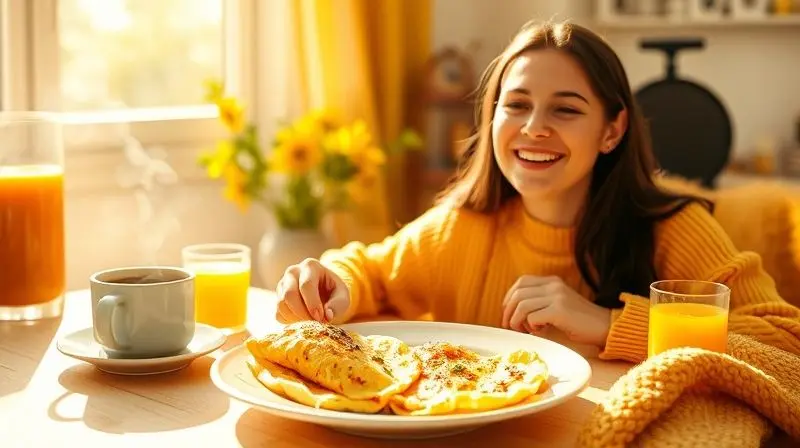 Pessoa sorrindo ao tomar café da manhã com um omelete fresco, em uma mesa ensolarada, transmitindo satisfação com o resultado da omeleteira.