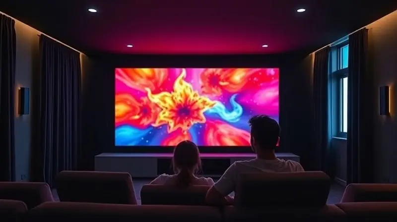 Casal assistindo a um filme em uma sala de home theater escura e confortável durante o dia, com cortinas blackout garantindo a escuridão total.