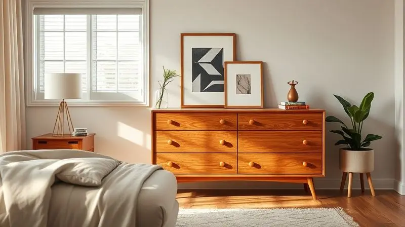 Cômoda moderna em um quarto bem decorado, com um vaso de plantas e um quadro, harmonizando com a decoração do ambiente.