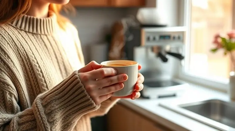 Pessoa desfrutando de uma xícara de café em uma cozinha aconchegante, com uma máquina de café expresso ao fundo.