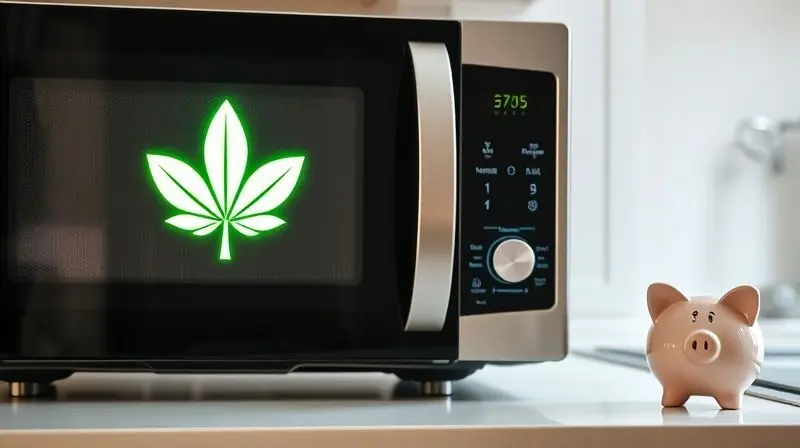Micro-ondas moderno com o símbolo de uma folha verde brilhante em sua porta, ao lado de um cofrinho, simbolizando economia de energia.