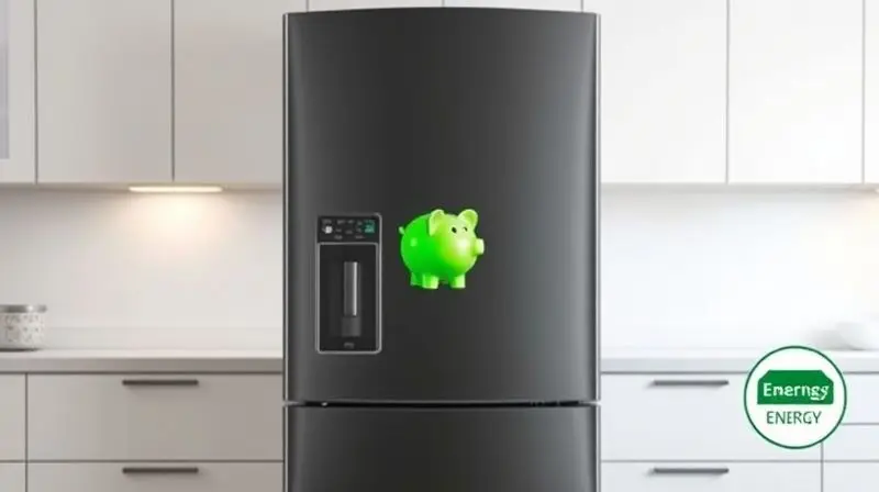 Um cofrinho de porco verde e brilhante em cima de uma geladeira moderna, simbolizando a economia de energia e eficiência do eletrodoméstico.