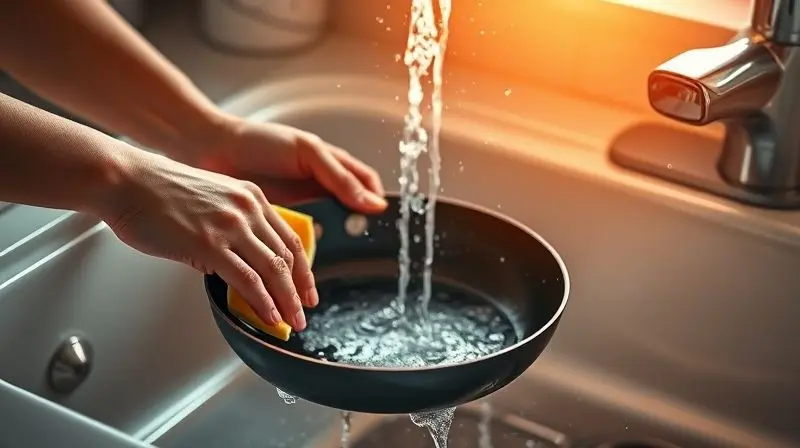 Pessoa lavando cuidadosamente uma panela antiaderente com uma esponja macia na pia da cozinha para garantir sua durabilidade.