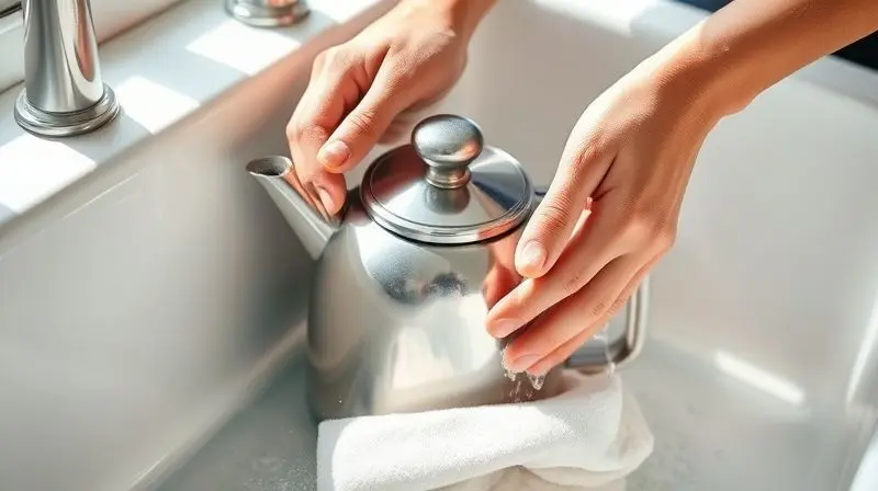 Pessoa limpando cuidadosamente uma chaleira com apito de inox na pia da cozinha, ilustrando a manutenção e cuidados com o utensílio.