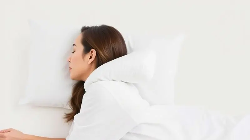 Demonstração da postura correta para dormir de lado, com a coluna alinhada graças ao uso de um travesseiro cervical de densidade ideal.