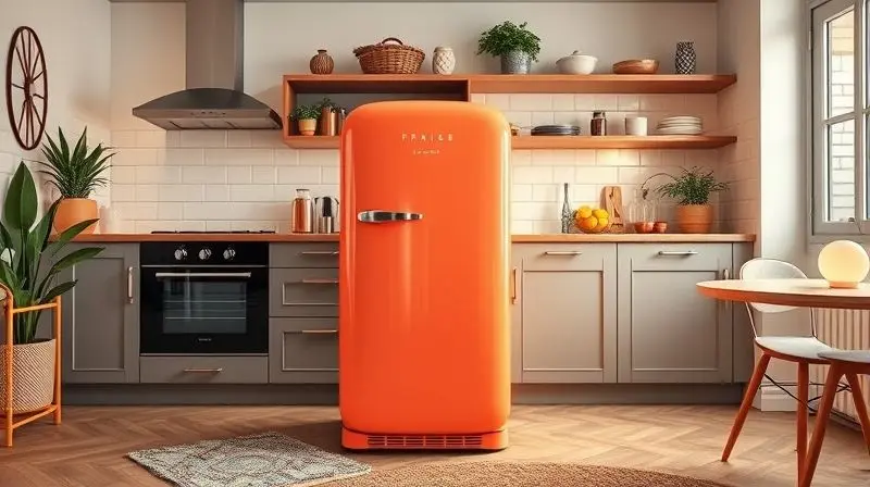 Geladeira pequena com design retrô e cor vibrante se destacando em uma cozinha moderna, combinando com a decoração do ambiente.