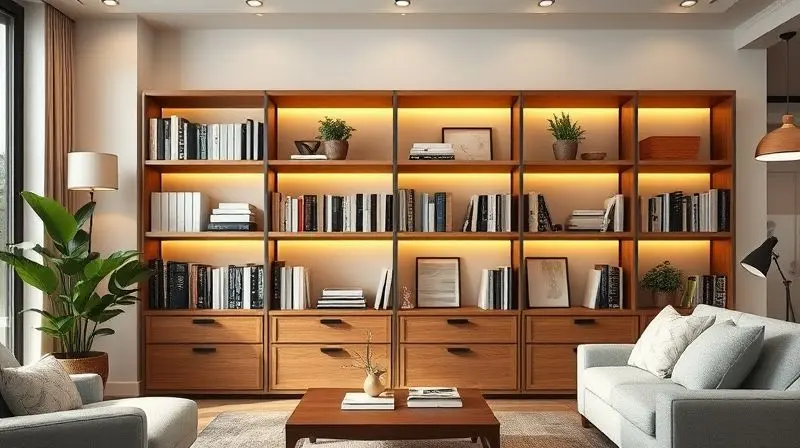 Detalhe de uma estante em uma sala, mostrando caixas organizadoras de design com tampa de bambu usadas como decoração.