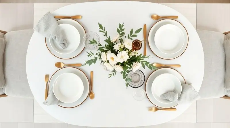 Mesa de jantar elegantemente posta com um jogo de pratos de cerâmica, mostrando a importância do design e estilo para a decoração.