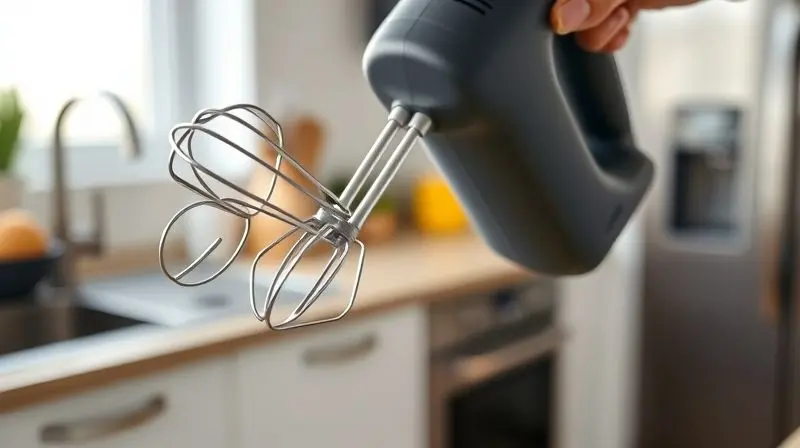 Close-up de uma mão segurando uma batedeira portátil moderna e leve, destacando o design ergonômico e o material com acabamento fosco.