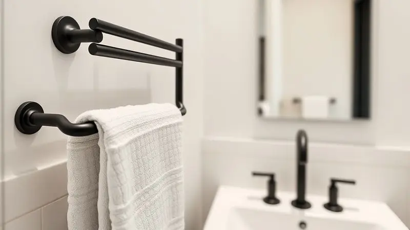 Banheiro moderno e decorado com um toalheiro preto fosco que harmoniza com os metais e o design do ambiente, criando um visual coeso.