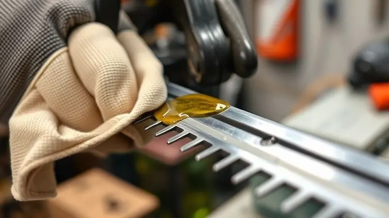 Mão com luva fazendo a manutenção de um aparador, limpando e lubrificando cuidadosamente a lâmina do equipamento em uma bancada.