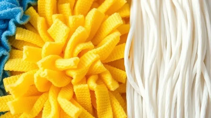 Foto macro detalhada mostrando a textura de diferentes materiais de refil de mop, como microfibra, esponja e algodão, lado a lado.