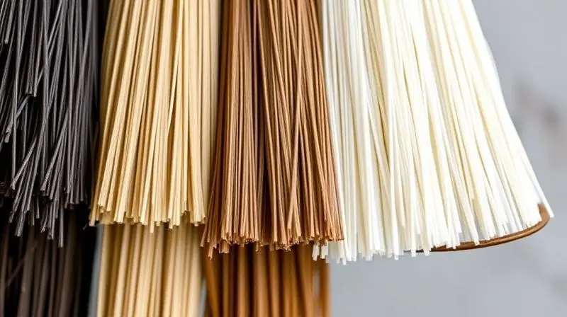 Imagem em close-up comparando as texturas de cerdas de vassoura: piaçava, pelo, sintéticas e de borracha.