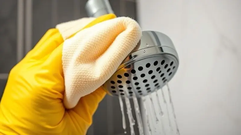 Mão com luva amarela limpando cuidadosamente uma ducha higiênica cromada e brilhante com um pano de microfibra macio.