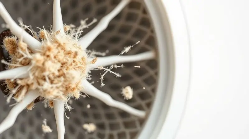 Visão em close-up de um filtro de aspirador capturando partículas de poeira, ilustrando a importância da filtragem.