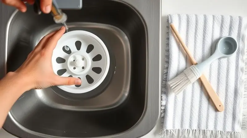 Mãos limpando cuidadosamente as peças de um bebedouro, com a bandeja de gotejamento sendo lavada na pia, demonstrando o processo de manutenção.