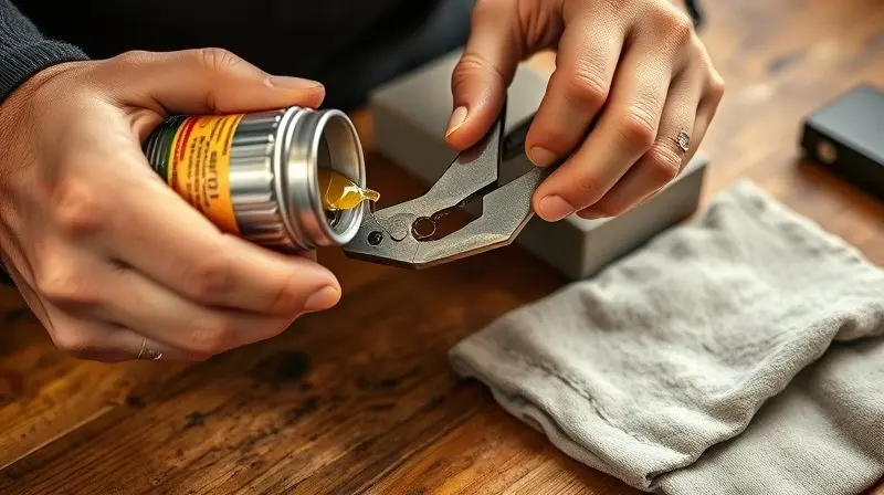 Mãos aplicando óleo na articulação de um alicate de corte para manutenção, com uma pedra de amolar e um pano ao lado em uma bancada.