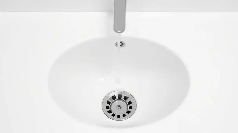 Detalhe de uma cuba de banheiro moderna com um ralo oculto, enfatizando o design limpo e a superfície contínua.