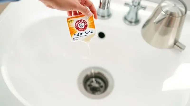 Pessoa aplicando uma solução de limpeza caseira e ecológica em um ralo de pia limpo, como forma de prevenção contra futuros entupimentos.